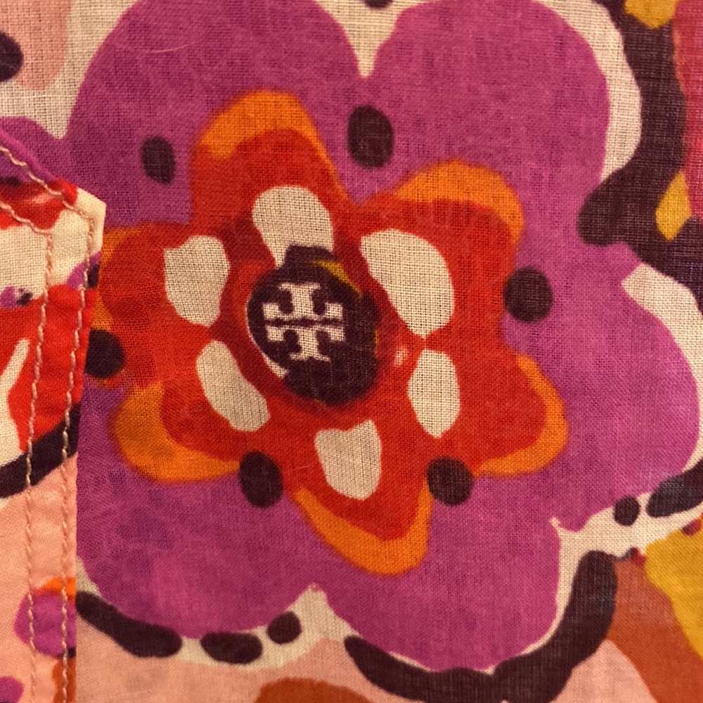 Tory Burch Cotton Voile Tunic Pink Orange Floral Drawstring Ruffle Collar Size 4 - Picture 8 of 16